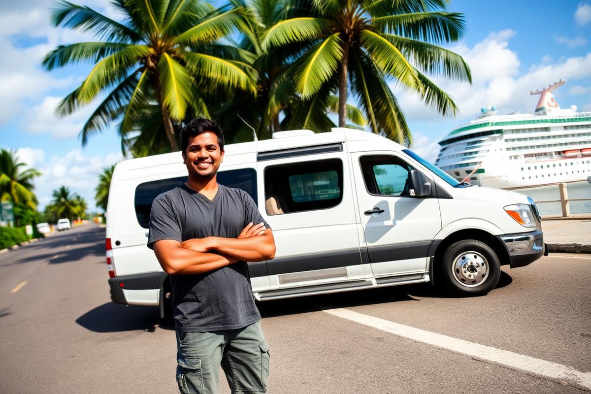 Local Roatán guide next to a private tour vehicle