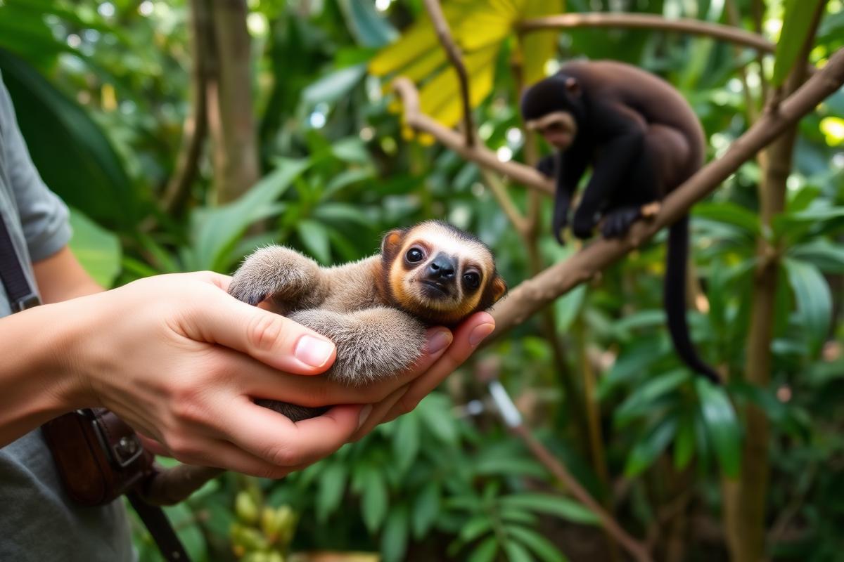 Sloth and monkeys in a Roatán wildlife sanctuary